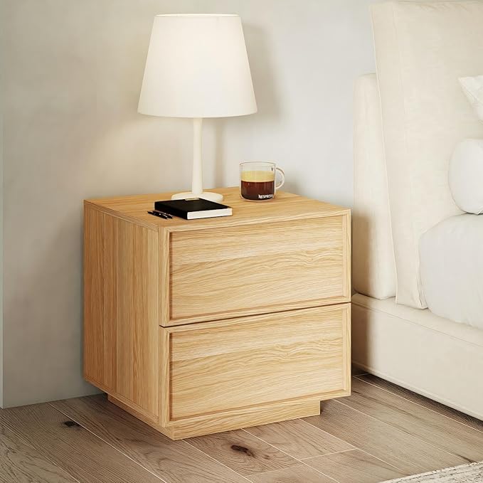 RYWI11OUSE Wooden Nightstand with Storage,Modern Night Stand with 2 Drawers, Bedside Table for Bedroom, Natural Oak