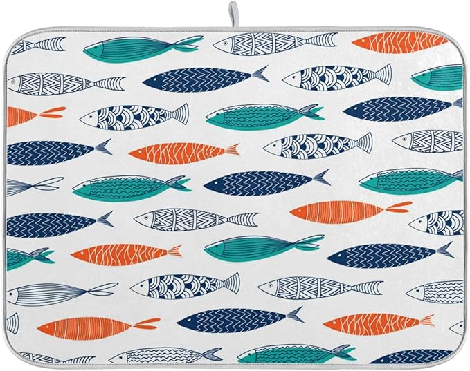 ZzWwR Stylish Colors Decorative Fishes Absorbent Dish Drying Mat,16 x 18 Inch Microfiber Kitchen Countertop Table Protector Multi-Purpose Counter Rack Sink Drainer Pad