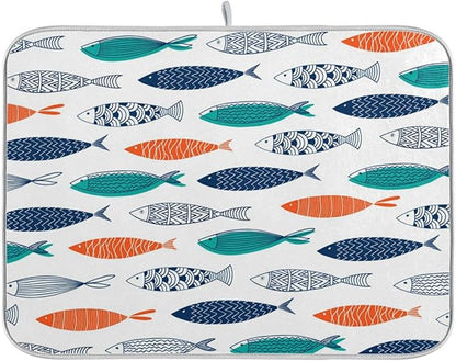 ZzWwR Stylish Colors Decorative Fishes Absorbent Dish Drying Mat,16 x 18 Inch Microfiber Kitchen Countertop Table Protector Multi-Purpose Counter Rack Sink Drainer Pad