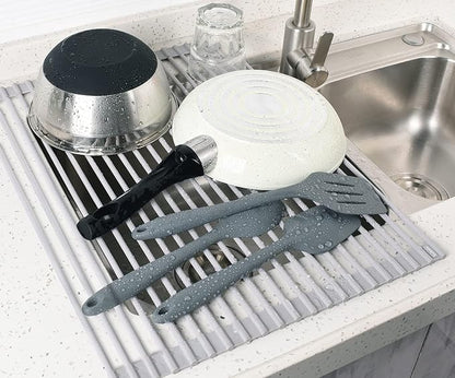 Surpahs 20.5 x 15.5 Inch Roll-Up Dish Drying Rack, Fits Sinks up to 19.5 Inch Wide, Heavy-Duty Premium Silicone, Strong Support, Non-Slip, Heat-Resistant, Warm Gray