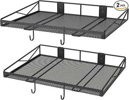 2 Pack Garage Wall Shelf, Garage Wall Mounted Shelving, Heavy Duty Floating Shelves With 4 Hooks, Loads 90 LBS Black Wall Shelves Mesh Storage Rack for Office, Basement, Wall Cabinet and Kitchen