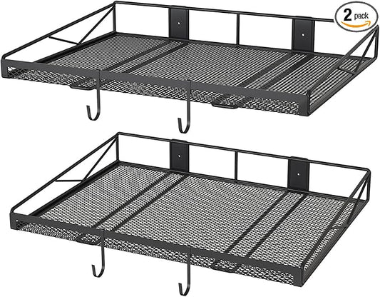 2 Pack Garage Wall Shelf, Garage Wall Mounted Shelving, Heavy Duty Floating Shelves With 4 Hooks, Loads 90 LBS Black Wall Shelves Mesh Storage Rack for Office, Basement, Wall Cabinet and Kitchen