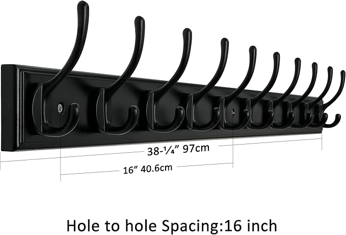WEBI Coat Rack Wall Mount,38 1/4" Long Coat Hooks Wall Mounted,Bamboo Coat Hanger Wall Hook Rack,Jacket Hanger,10 Hooks for Hanging Coats,Clothes,Hats,Black