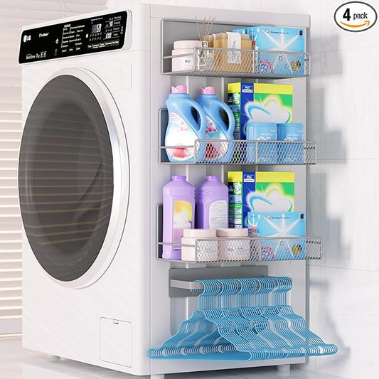 Magnetic Shelf for Washing Machine 4-Pack: Widen Magnetic Laundry Organizer (5"-6") with Hanger Organizer, Strong Magnet, Rust Proof, Heavy Duty Magnetic Spice Rack for Refrigerator (Grey)