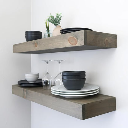 Urbandi Modern Floating Shelves 3 Inches Thick for Wall, Wide Shelves for Kitchen, Living Room, Bedroom, and Bathroom, Natural Pine Wood, Rustic Wooden Shelf, (Set of 2) (Aged Barrel, 36Lx3Hx6D)