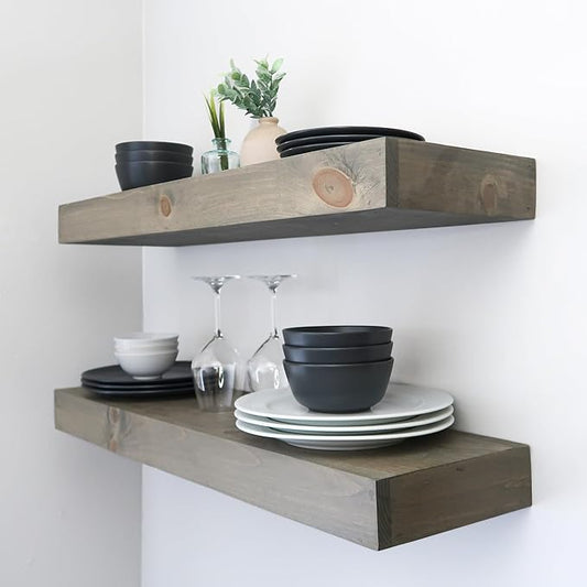Urbandi Modern Floating Shelves 3 Inches Thick for Wall, Wide Shelves for Kitchen, Living Room, Bedroom, and Bathroom, Natural Pine Wood, Rustic Wooden Shelf, (Set of 2) (Aged Barrel, 36Lx3Hx6D)