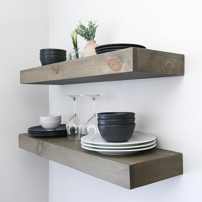 Urbandi Modern Floating Shelves 3 Inches Thick for Wall, Wide Shelves for Kitchen, Living Room, Bedroom, and Bathroom, Natural Pine Wood, Rustic Wooden Shelf, (Set of 2) (Aged Barrel, 24Lx3Hx6D)