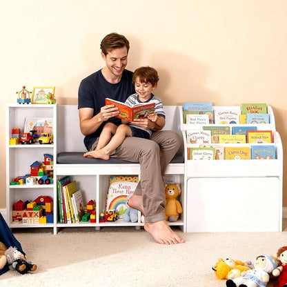 VEVOR Kids Reading Nook, Wooden Storage Bench with Backrest, Kids Bookshelf & Toy Organizer, Large Toy Box Chest for Playroom, Living Room or Entryway, Easy Assembly, 66.9 x 15.8 x 31.5 in, White