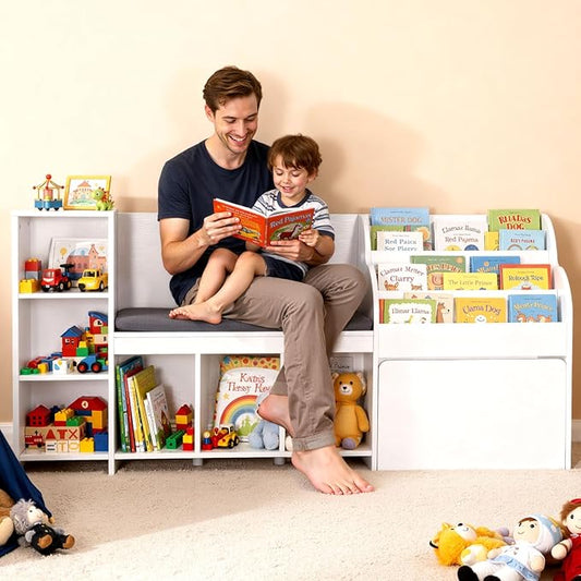 VEVOR Kids Reading Nook, Wooden Storage Bench with Backrest, Kids Bookshelf & Toy Organizer, Large Toy Box Chest for Playroom, Living Room or Entryway, Easy Assembly, 66.9 x 15.8 x 31.5 in, White