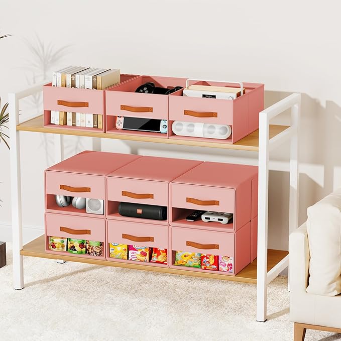 Stackable Storage Drawers - Pull Out Storage Bins with Drawers for Closet Clothes Organizers with Weekly Labels & Clear Window, Closet Shelf Storage for Bedroom, Living Room, 5 Pack, Pink
