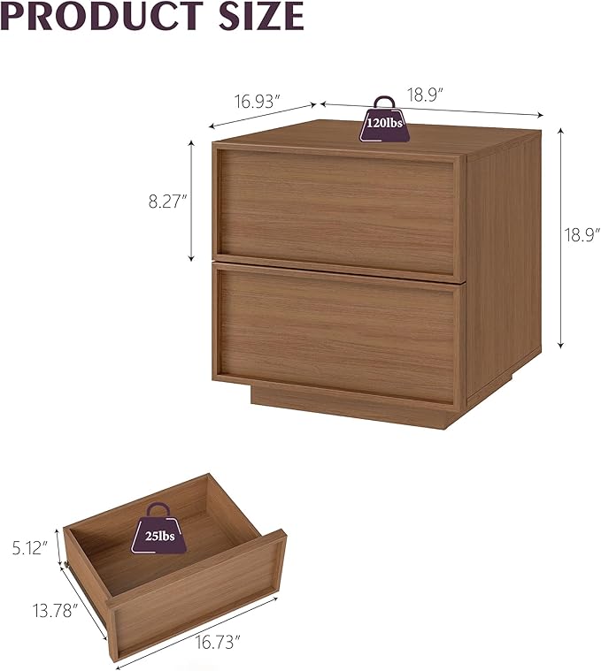 RYWI11OUSE Wooden Nightstand with Storage,Modern Night Stand with 2 Drawers, Bedside Table for Bedroom, Walnut