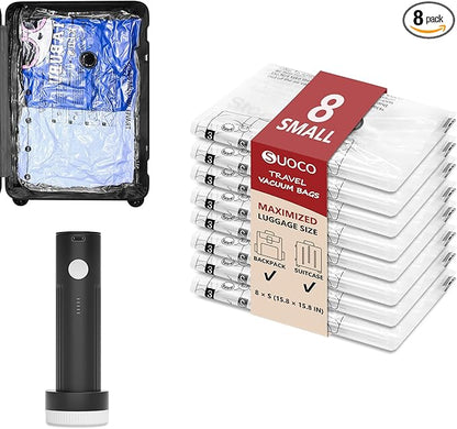 Travel Vacuum Bags for Clothing with Rechargeable Electric Pump, 8 Small Compression Packing Cubes Organizer Storage for Luggage Suitcase, Space Saver Seal Bags for Vacation Cruise