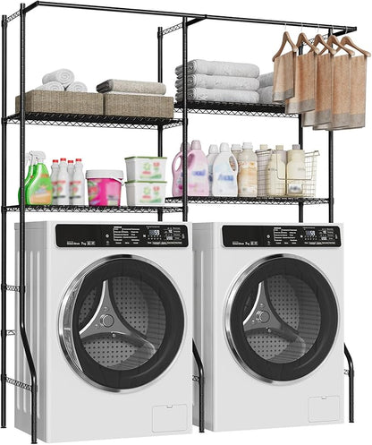 GarveeHome Over Washer and Dryer Storage Shelves, 4 Tiers Above Washer Dryer Storage Rack for Laundry Room Organization, Adjustable Height Clothes Drying Rack with Hanger Rod & Hook, Black
