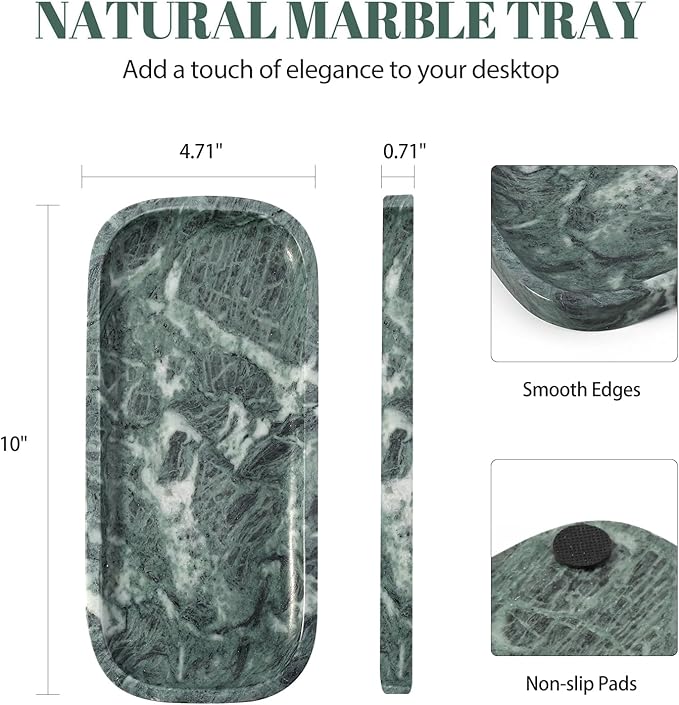 Koville Marble Tray, 10"x5" Marble Vanity Tray for Bathroom Countertop Kitchen Sink, Rectangular Stone Tray for Perfume Fragrance, Decorative Catchall Tray Jewelry Cosmetics Organizer(Green)