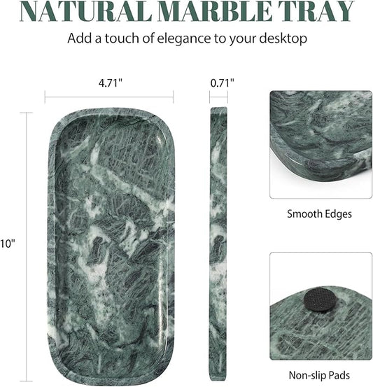 Koville Marble Tray, 10"x5" Marble Vanity Tray for Bathroom Countertop Kitchen Sink, Rectangular Stone Tray for Perfume Fragrance, Decorative Catchall Tray Jewelry Cosmetics Organizer(Green)