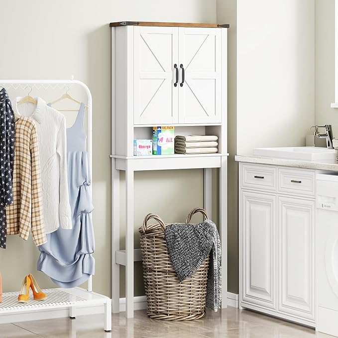 Halitaa Over The Toilet Storage Cabinet, Farmhouse Over Toilet Bathroom Organizer with 2 Barn Doors, Narrow Above Toilet Storage Cabinet, Behind Toilet Bathroom Organizer (Rustic White)