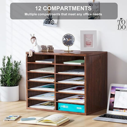 PAG Countertop Mail Sorter Organizer, Wooden Literature Organizer, Student Mailbox for Classroom, Desktop Bill Organizer for Office Home School, 12 Compartments, Brown