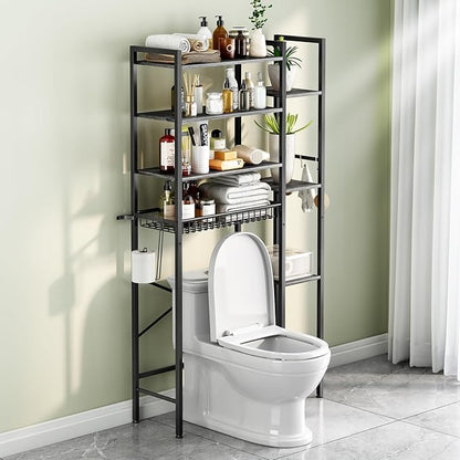 Kalrin 8-Tier Over The Toilet Storage with Side Rack, Over Toilet Storage Rack with Adjustable Shelf & Drain Basket, Freestanding Bathroom Organizer for Balcony, Laundry (Modern Grey)