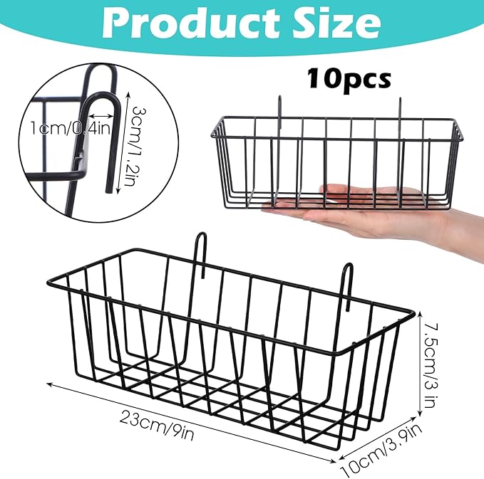 10 PCS Hanging Wire Baskets for Organizing - Hanging Metal Basket Storage with Wall Grid Panel, Rust-Resistant Iron for Kitchen Bathroom Home Decor (Black, 9x3.9x3 Inches)