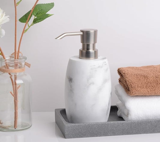 Clasin Home Resin Hand Soap Dispenser, Refillable Soap Dispenser with White Marble Look and Metallic Pump, Waterproof Bottle Labels for Bathroom Kitchen Dish Hand Wash Shower Lotion Shampoo (12 Oz)