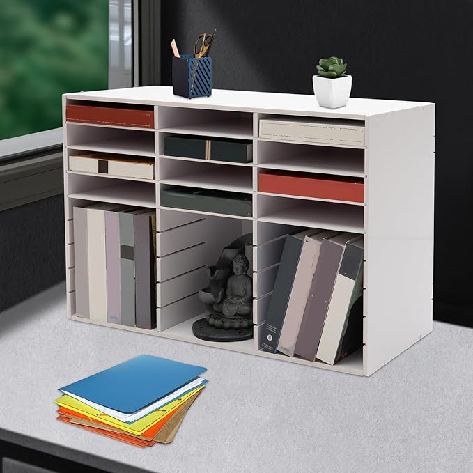 27 Compartments Literature Organizer,9 Layer PVC Mail Sorter Organizer with Adjustable Shelves, Door-less Mail Center Paper Storage Cabinet for Files Magazines Documents (27 Slots - White)