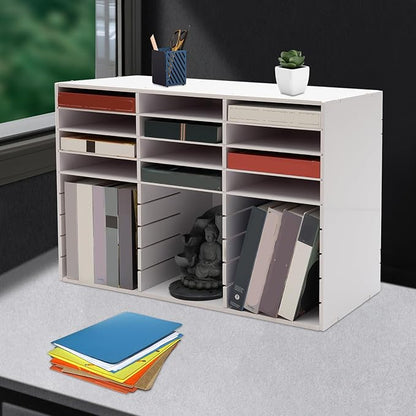 27 Compartments Literature Organizer,9 Layer PVC Mail Sorter Organizer with Adjustable Shelves, Door-less Mail Center Paper Storage Cabinet for Files Magazines Documents (27 Slots - White)