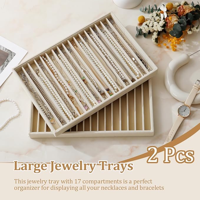 KATISYIO Large Velvet Jewelry Tray 2 Pack Stackable Jewelry Display Drawer Inserts Trays Organizer for Earring Bracelet Necklace Ring (Beige, 16 Grids)