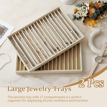 KATISYIO Large Velvet Jewelry Tray 2 Pack Stackable Jewelry Display Drawer Inserts Trays Organizer for Earring Bracelet Necklace Ring (Beige, 16 Grids)