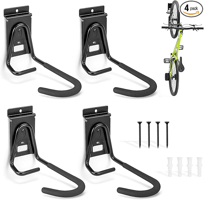 Slatwall Bike Hooks, Heavy Duty Bicycle Hangr with PVC Coating, Wall Mount Vertical Bicycle Storage Rack - 4 Pack
