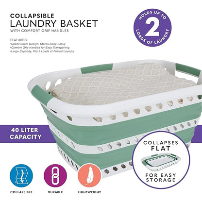Collapsible Laundry Basket | Portable | Space Saver Storage | Hold 2 Loads | Store Under the Bed or Closet | Good for Kids | Dorm | Bedroom | Large | White/Sage