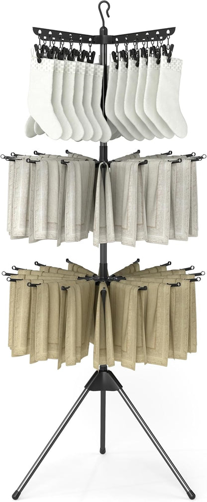 COSTWAY 3-Tier Clothes Drying Rack, Foldable Garment with 32 Hanging Rods & 24 Clips, 360° Rotatable Arms & Detachable Clip Rack, Collapsible Tripod Drying Rack for Laundry Room & Balcony, Black