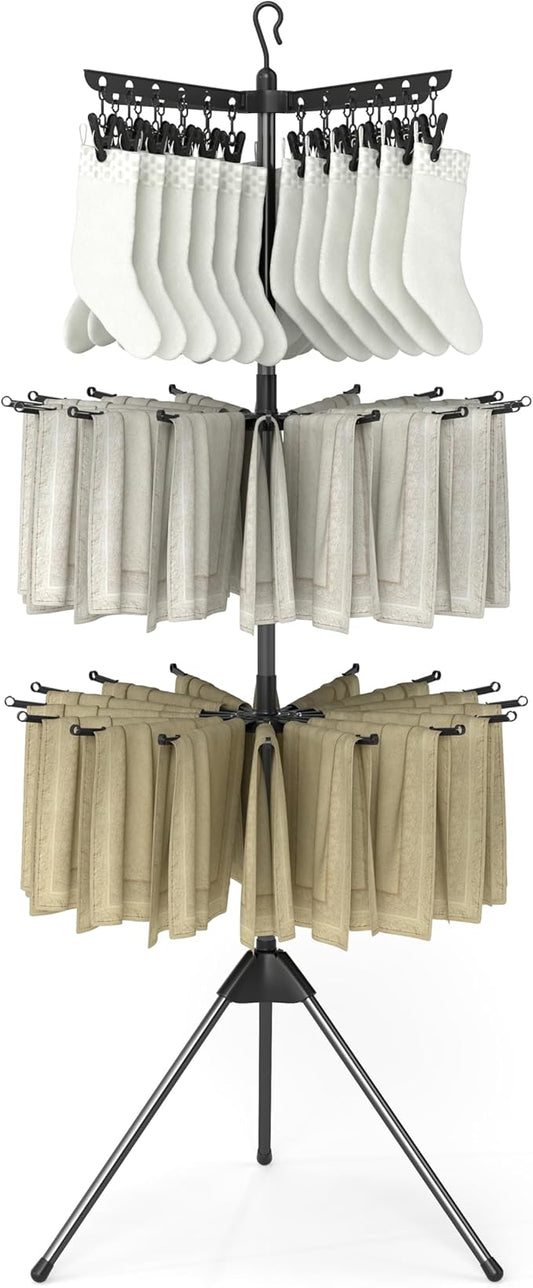 COSTWAY 3-Tier Clothes Drying Rack, Foldable Garment with 32 Hanging Rods & 24 Clips, 360° Rotatable Arms & Detachable Clip Rack, Collapsible Tripod Drying Rack for Laundry Room & Balcony, Black