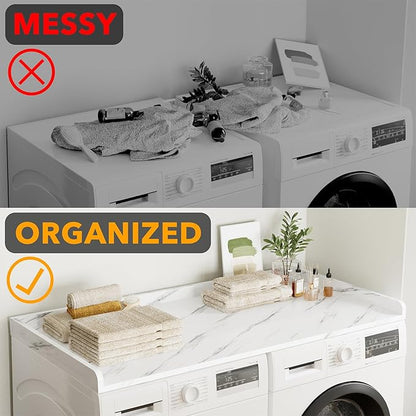 SpaceAid Washer Dryer Countertop, Laundry Wood Shelf Topper with Edge, 54" Width x 27.5" Depth Cover Guard Organizer for Washer and Dryer Laundry Hamper Counter Storage Organization (White Marble)