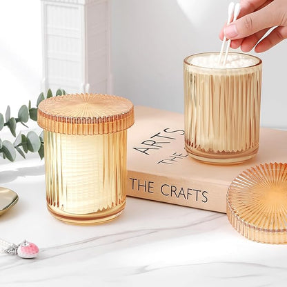 rejomiik Glass Qtip Holder Dispenser 2 Pack, Bathroom Canister Apothecary Jars with Lids, Vanity Makeup Accessories Storage Organizer for Cotton Swabs, Cotton Balls, Pads, Floss Picks, Amber