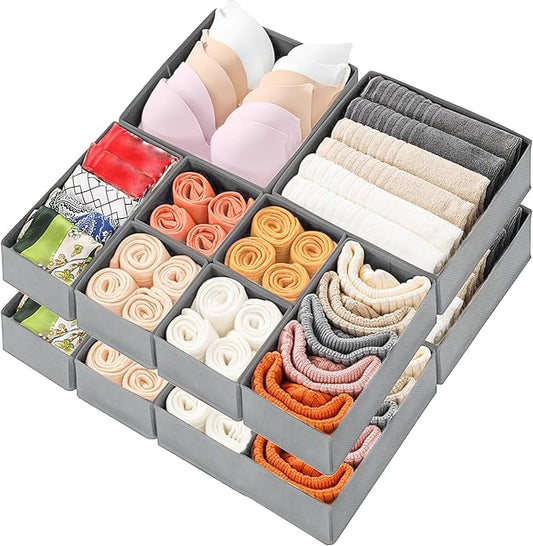 Mooisco 12 Pack Drawer Organizer Clothes, Fabric Closet Organizers and Storage, Foldable Cloth Storage Bins for Underwear Socks, Bra, Ties, Scarf, Belt, Hair Accessories, Grey