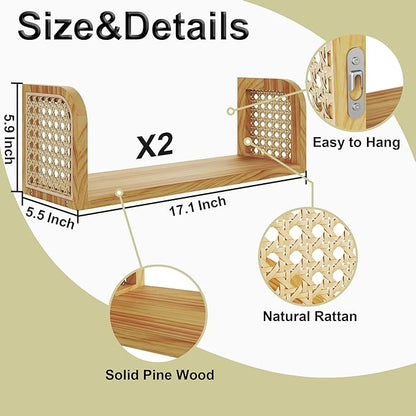 Rattan Shelf Set of 2, Cute Nursery Shelves Wall Mounted, Natural Hanging Bookshelf Storage, Boho Decorative Floating Shelves for Kids Room, Living Room, Play Room, Bedroom, Home Decor