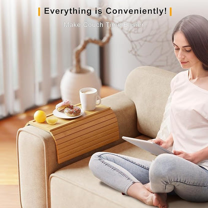 Bamboo Sofa Armrest Tray - Couch Arm Tray with Detachable Couch Cup Holder - 2 in 1 Anti-Slip Foldable Sofa Armchair Caddy Table for Drinks Cellphone TV Remote Snacks