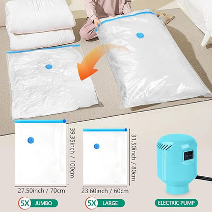 Morecoo Vacuum Storage Bags with Electric Pump & New Air Valve, 10 Pack Space Saver Bags (5 Jumbo/5 Large) for Clothes, Comforters, Blankets - Press & Pump Compression Bags for Travel Essentials