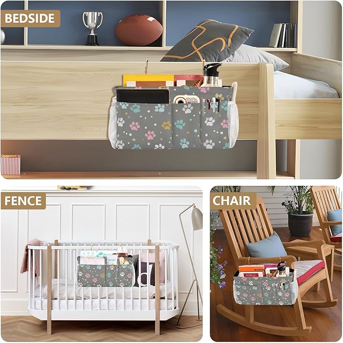 CuwrYet Bedside Caddy Hanging Bunk Bed Caddy Bed Organizer Hanging Pocket with 2 Hooks Bedside Storage Organizer Pocket Bag Holder Paw Print Dots Stars Grey
