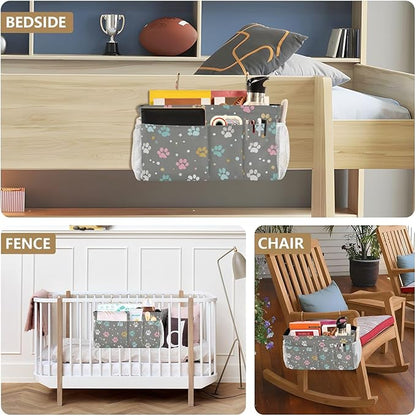 CuwrYet Bedside Caddy Hanging Bunk Bed Caddy Bed Organizer Hanging Pocket with 2 Hooks Bedside Storage Organizer Pocket Bag Holder Paw Print Dots Stars Grey