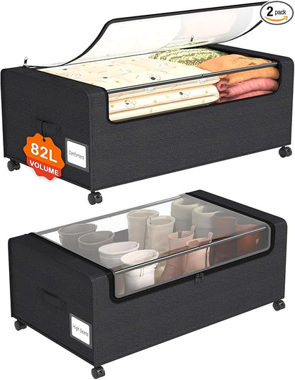 Webetop Under Bed Storage Containers with Wheels,12 inch Under the Bed Storage Bins with Clear Lid for Underneath Small Spaces Dorms, Blankets (2 Pack, 30.7"x17.3"x12")