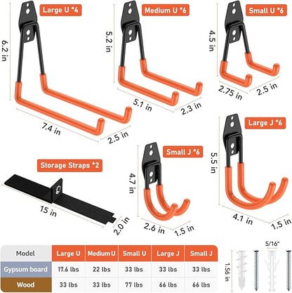 30 Pack Garage Hooks Heavy Duty, Rust-Resistant Solid Steel Wall Mount Hangers for Hanging Ladders & Bikes, Non-Slip PVC Coating Tool Organizer, 5 Sizes U & J Shapes + 2 Straps