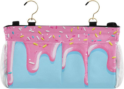 CuwrYet Bedside Caddy Hanging Bunk Bed Caddy Bed Organizer Hanging Pocket with 2 Hooks Bedside Storage Organizer Pocket Bag Holder Cartoon Dripping Frosting