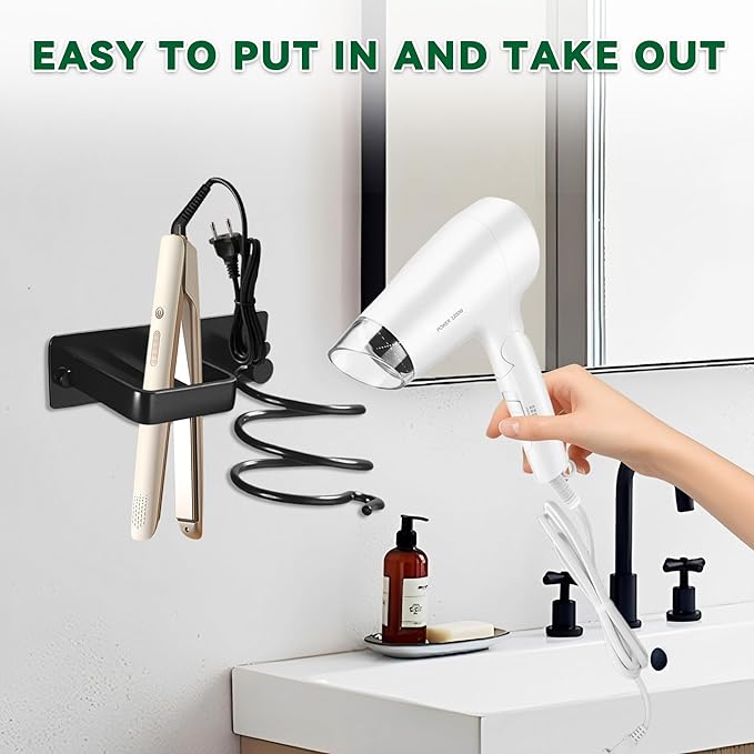OlBuWa Hair Dryer Rack Wall Mounted Stainless Steel Shelf Storage For Bathroom Walls (Black)