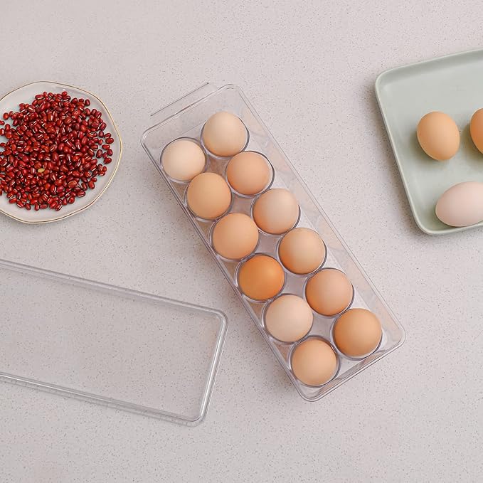 Sooyee 2 Pack Egg Holder for Refrigerator, Plastic Egg Storage Container, Fridge Egg Organizer, Clear Refrigerator Organizer Bins with Lids, Stackable Tray Holds 12 Eggs