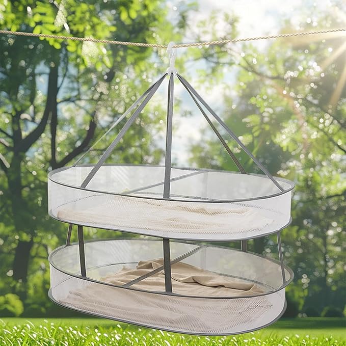 Sweater Drying Rack Mesh Foldable, Lay Flat Clothes Dryer Rack, Large Hanging Dry Rack for Clothes, Folding Clothing Drying Hanger, Portable for Laundry Indoor Outdoor (3-Tier)