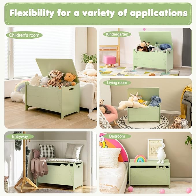 Costzon Wooden Toy Box, Kids Large Trunk Chest with Safety Hinge & Handles, Flip-Top Storage Organizer for Children’s Playroom Bedroom Living Room Entryway (Green)