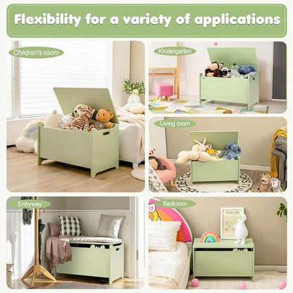 Costzon Wooden Toy Box, Kids Large Trunk Chest with Safety Hinge & Handles, Flip-Top Storage Organizer for Children’s Playroom Bedroom Living Room Entryway (Green)