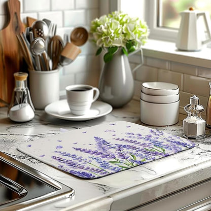 Purple Lavender Dish Drying Mat for Kitchen Counter Spring Summer Flower Floral Dishes Drainer Mats Absorbent Microfiber Dish Drying Pad Washable Dish Draining Mat Medium 16x18 Inch