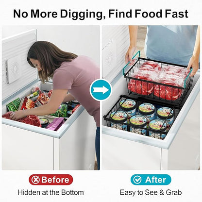 iSPECLE Freezer Organizer Bins - 4 Pack Stackable Deep Freezer Organizer Bins for 5 Cu.Ft Chest Freezer Easy Get Food from Bottom without Digging, Add Space Sort Store More Frozen Food, Black